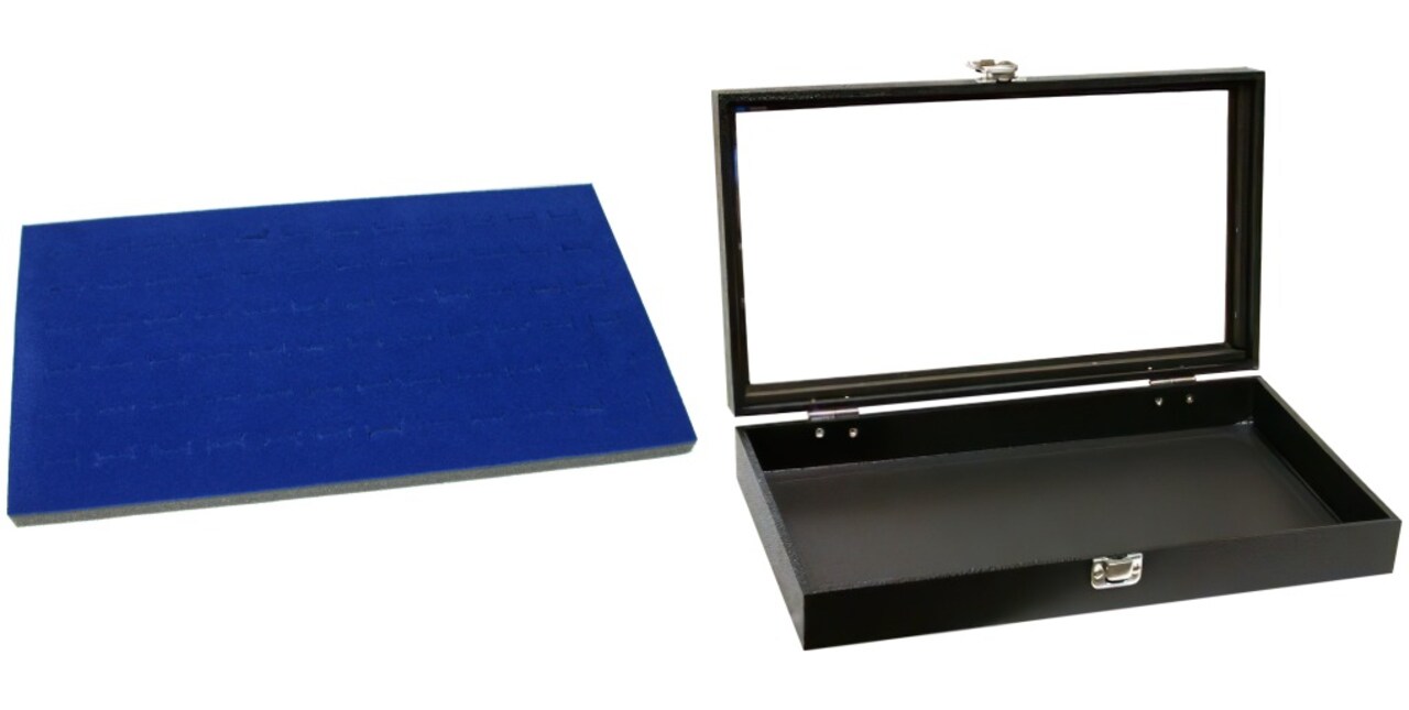 Black Glass-top Jewelry Case (Single metal latch) w/ Blue 72-slot Foam Insert